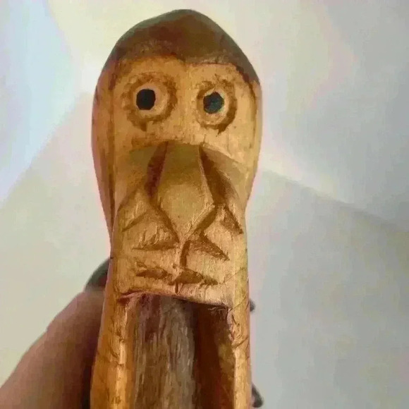 Hand Carved Whittled Wooden Embarrassed Monkey Hands Over Mouth Statue - Picture 3 of 8